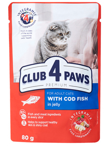 CLUB 4 PAWS FOR ADULT CATS WITH COD FISH IN JELLY - 80G x 6