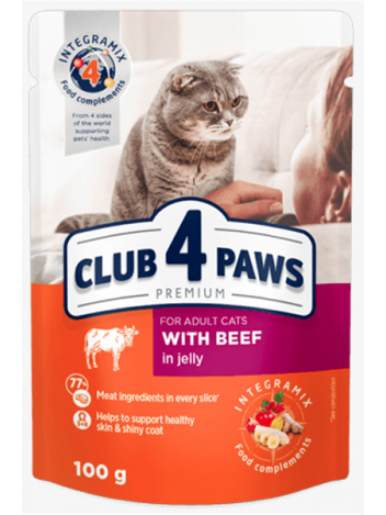 CLUB 4 PAWS FOR ADULT CATS WITH BEEF IN JELLY - 100G