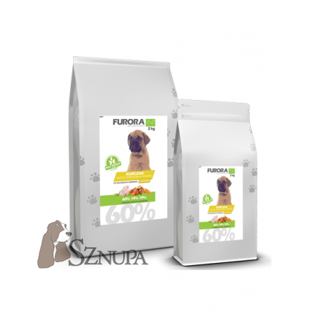 FURORA BEZZBOŻOWA KARMA DLA SZCZENIĄT RAS ŚREDNICH 60% MIĘSA KURCZAKA, INDYKA, ŁOSOSIA - 24KG (12KGx2)
