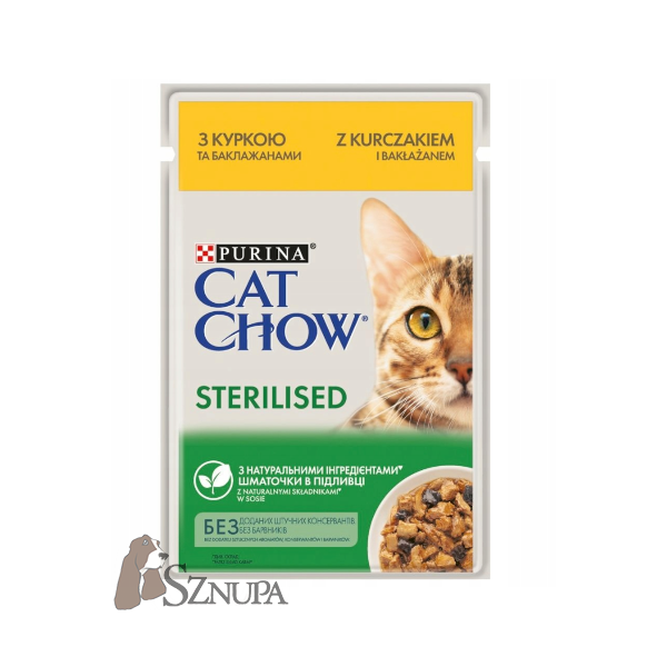 CAT CHOW STERILISED Z KURCZAKIEM I BAKŁAŻANEM W SOSIE - 85G x 12