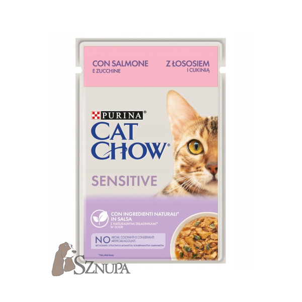 PURINA CAT CHOW ADULT SENSITIVE Z ŁOSOSIEM I CUKINIĄ W SOSIE - 85G x 6