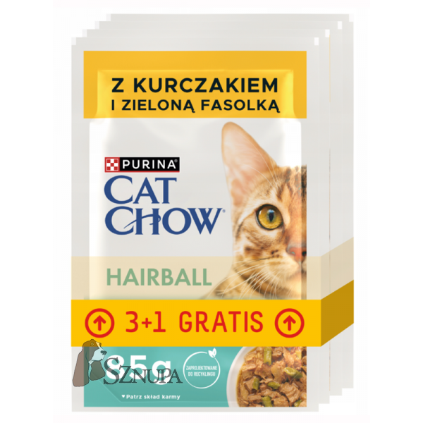 PURINA CAT CHOW HAIRBALL Z KURCZAKIEM I ZIELONĄ FASOLKĄ - 85G x 4