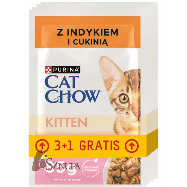 PURINA CAT CHOW KITTEN Z INDYKIEM I CUKINIĄ W GALARECIE - 85G x 4
