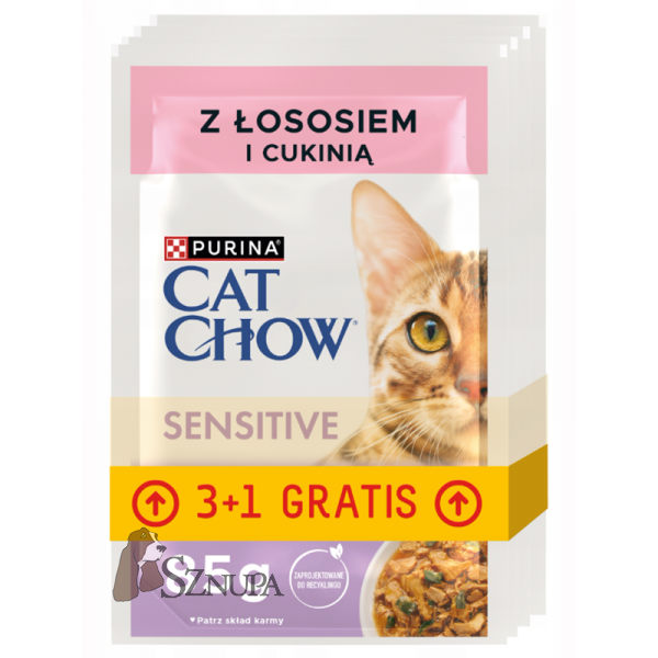 PURINA CAT CHOW SENSITIVE Z ŁOSOSIEM I CUKINIĄ - 85G x 4